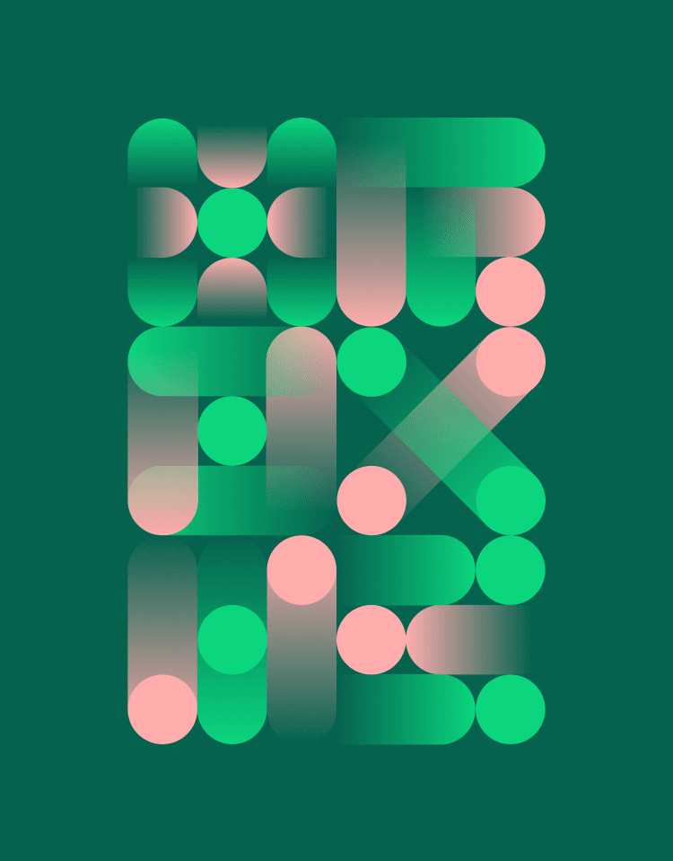 Abstract geometric pattern of overlapping green and pink circles and rounded shapes