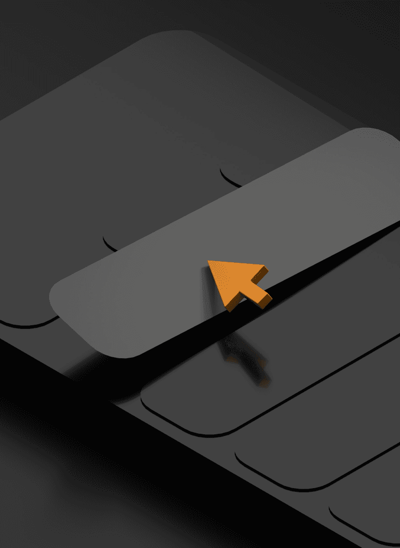 A 3D rendering of stacked dark rectangles with a prominent orange cursor arrow pointing at one, set against a dark background.