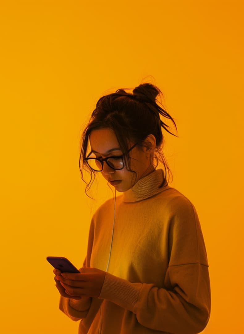 Person in glasses and a sweater looks at a phone against an orange background.