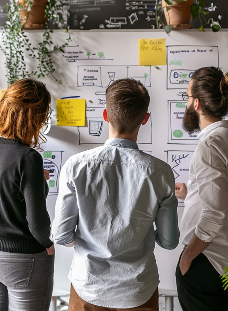 Three people stand facing a whiteboard with sketches and sticky notes, discussing ideas in a collaborative workspace with plants around.