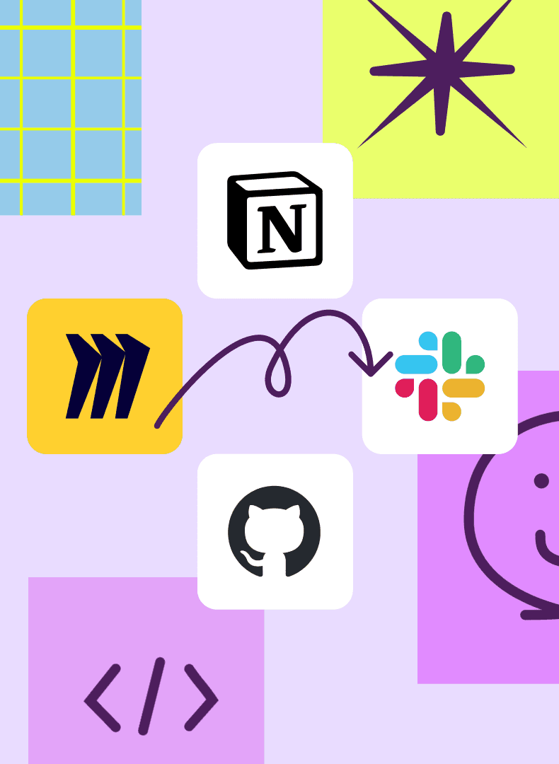 Notion, Miro, Slack, GitHub, and code tag logos on a colorful abstract background with an arrow from Miro to Slack.