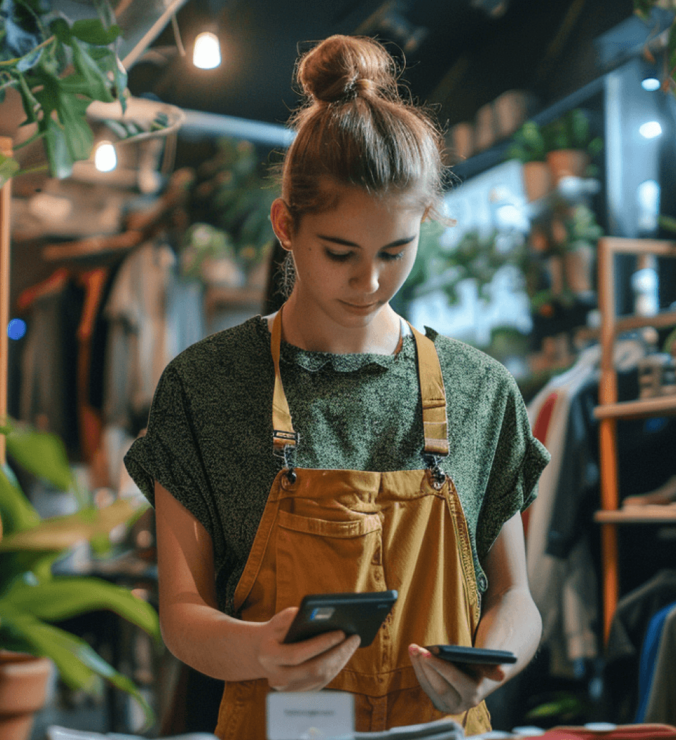 A young woman in a green top and yellow overalls, focused on two smartphones in her hands, working in a plant-filled store.